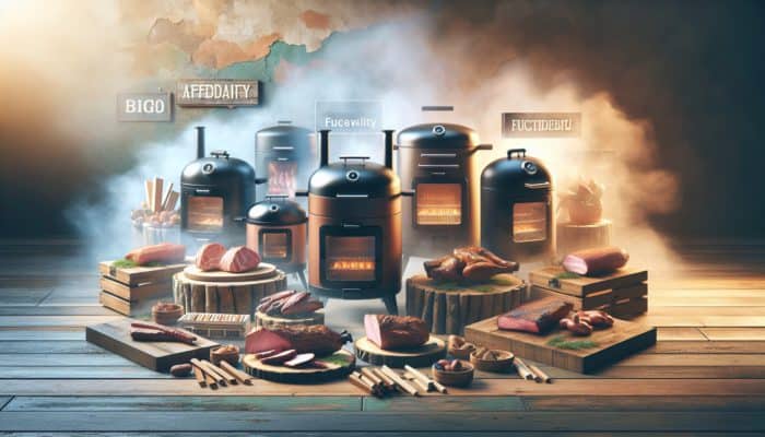 Affordable smokers displayed on a rustic table with meats and smoking woods, warmly lit.