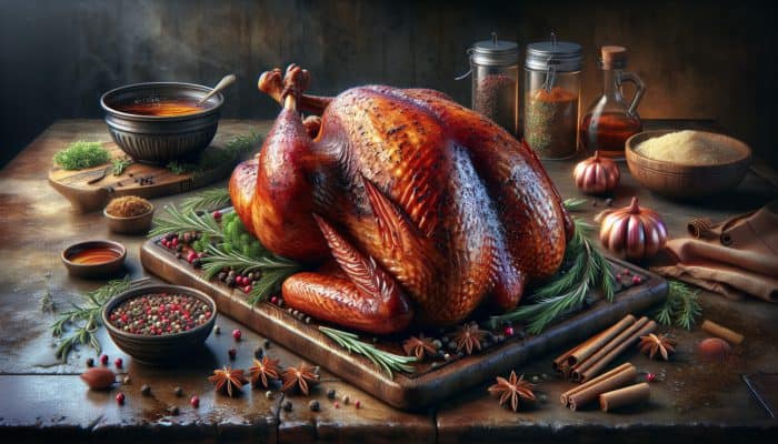 A beautifully smoked turkey enriched with herbs and spices, glistening with moisture in a rustic kitchen setting.