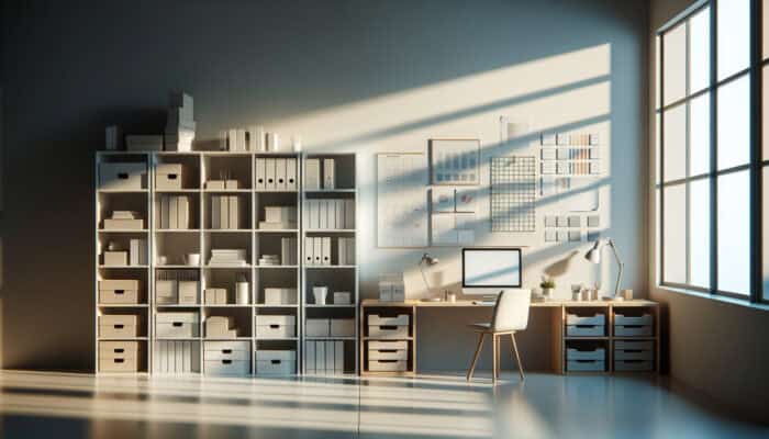 A tidy workspace featuring organized shelves, labelled boxes, and colour-coded folders illuminated by natural light.