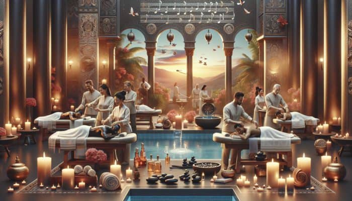 Luxurious spa experience at The Venetian with couples enjoying synchronized massages, private candlelit baths, and hot stone treatments.