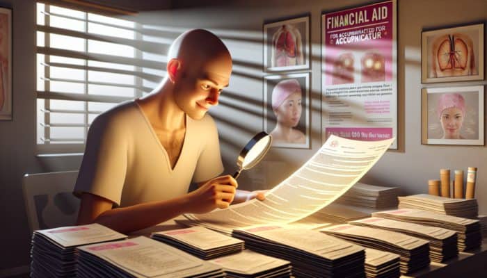 A hopeful cancer patient reviewing insurance policy details and charity brochures for acupuncture funding.