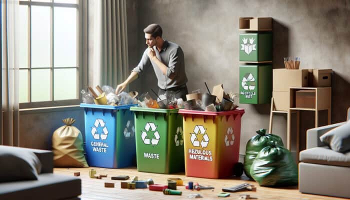 Individual sorting waste into labeled bins for general, recyclable, and hazardous items in a UK flat.