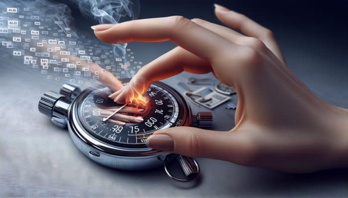A hand adjusting digital timer settings, stopwatch displayed at 10 minutes, with a grilling scene featuring smoke and meat.