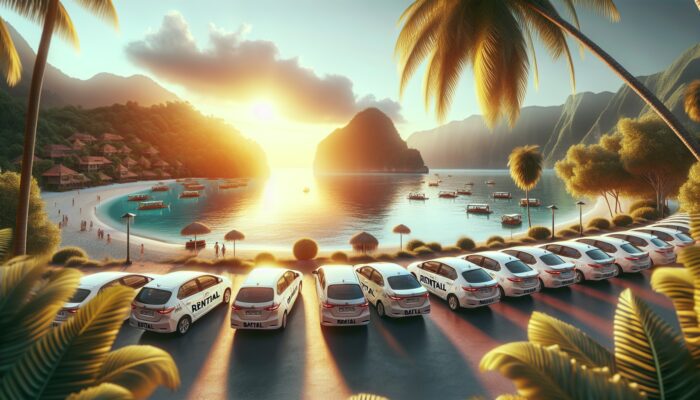 A tranquil Bali beach with rental cars, illustrating the benefits of early booking during peak season.