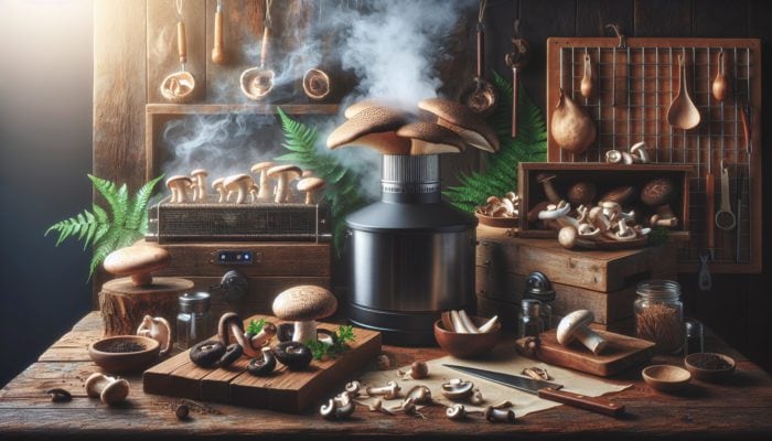 A variety of shiitake, portobello, and oyster mushrooms being smoked in a rustic kitchen environment.