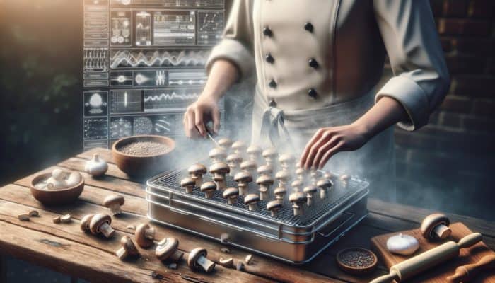 A chef meticulously preparing mushrooms for smoking: slicing, seasoning, and arranging them on a smoker rack with smoke rising.