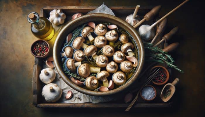 Marinated mushrooms with olive oil, garlic, and herbs like thyme and rosemary, prepared for smoking.