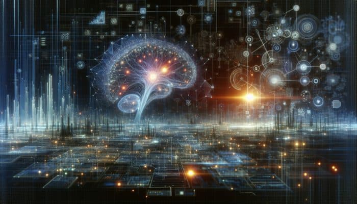 Utilize AI to Enhance Meta Descriptions: A futuristic digital landscape with AI and SEO merging, showing neural networks and search algorithms enhancing visibility through data analytics and predictive trends.