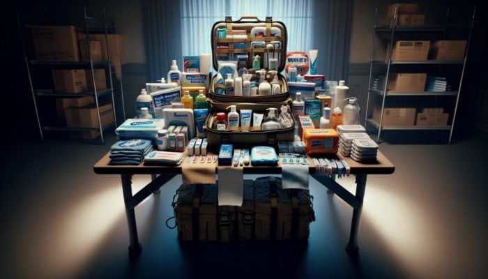 An emergency kit containing toothpaste, soap, sanitizer, and wipes placed on a table in a dimly lit room.