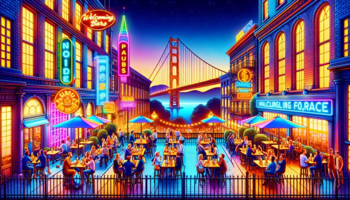 San Francisco skyline at dusk showcasing various bars and the Golden Gate Bridge.