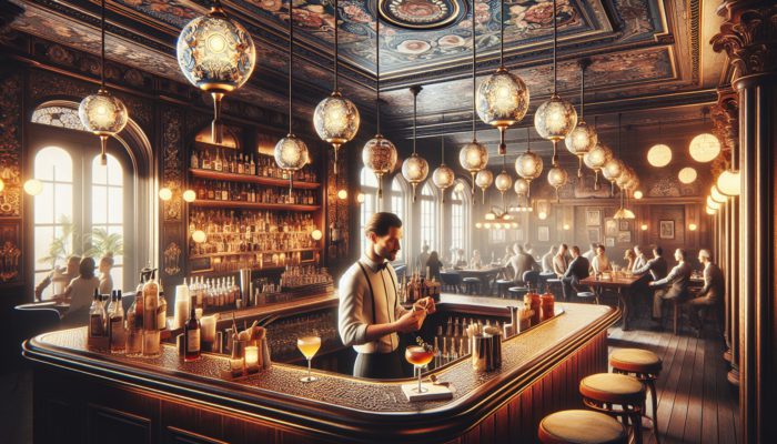 A vintage San Francisco saloon adorned with warm lighting and ornate decor, featuring expertly crafted classic cocktails.