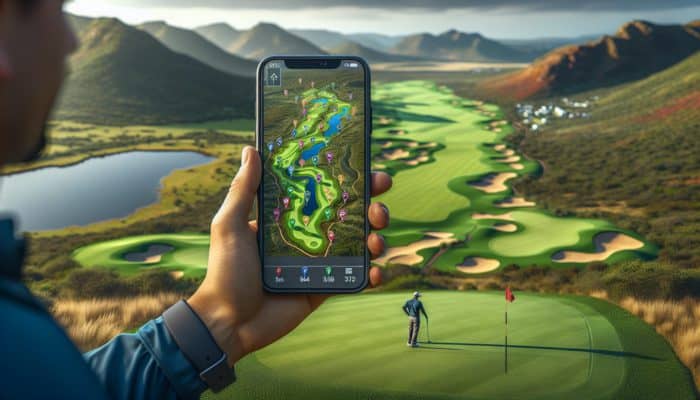 Golfer using a smartphone app with a detailed map of a South African golf course, illustrating various terrains and strategic planning.
