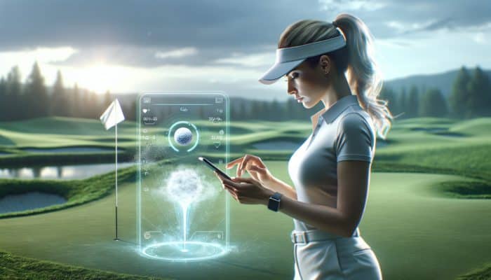 A golfer using a smartphone app on the course for structured practice, tracking progress, and receiving real-time feedback.