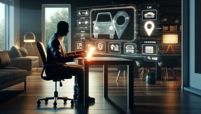 Person searching for car rentals online using a laptop in a modern home office.
