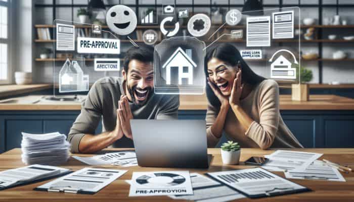 South African couple reviewing pre-approval documents at kitchen table with laptop and financial papers.