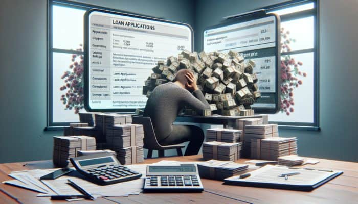A stressed individual at a cluttered desk surrounded by loan forms, a calculator, and a computer displaying bank logos.