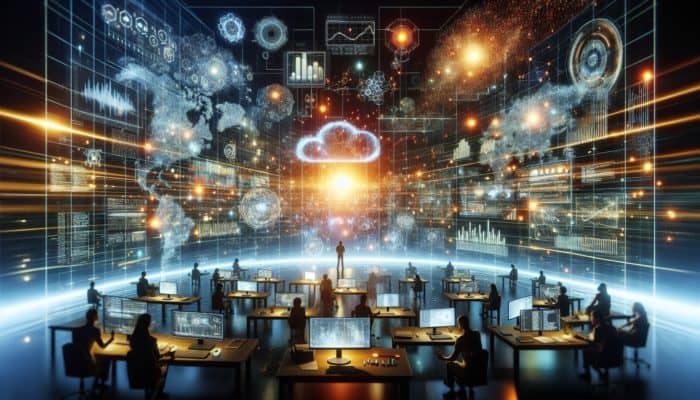 A digital landscape with glowing data streams and charts, symbolizing credibility and authority, with engaged users analyzing information.
