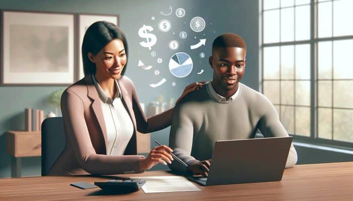 How to Consolidate Student Loan Debt: UK Guide | DCL A financial advisor helps a student consolidate loan debt using a chart and laptop in an office.