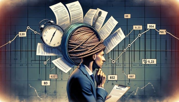 Individual in the UK contemplating debt consolidation, surrounded by financial documents, with a clock and calendar in the background.