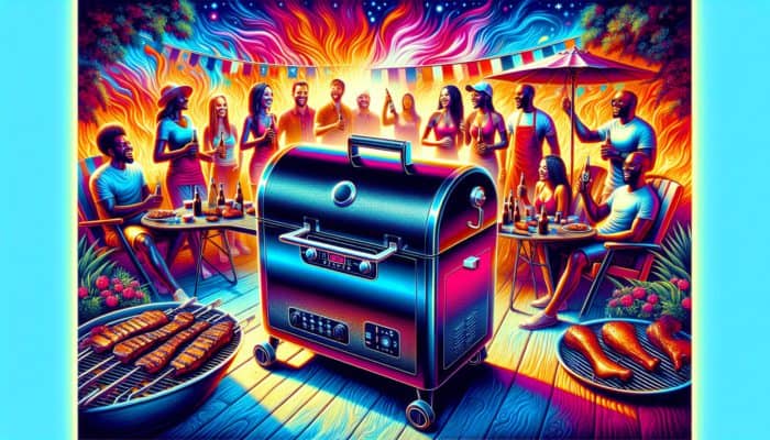 Leading Electric Smokers for Stress-Free Barbecue: Sleek electric smoker featuring a digital control panel at a vibrant BBQ gathering, displaying perfectly smoked meats.