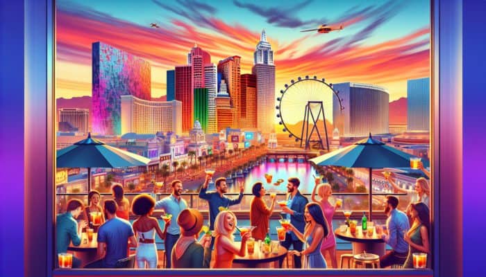 Stunning view of a Las Vegas rooftop bar at sunset, with patrons enjoying cocktails against the backdrop of the city skyline, High Roller, and STRAT tower.
