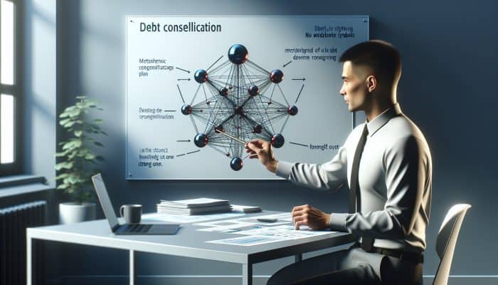 Financial advisor discussing debt consolidation strategies with a hopeful client, showcasing graphs and plans.