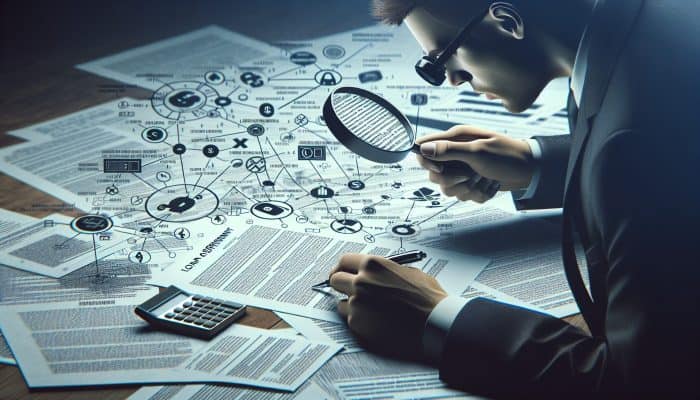 Individual reviewing loan agreements closely with a magnifying glass, analyzing potential hidden fees and terms.