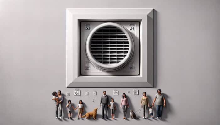 A clean air vent in a modern Abbotsford home, with a calendar indicating annual cleaning and a family with pets.