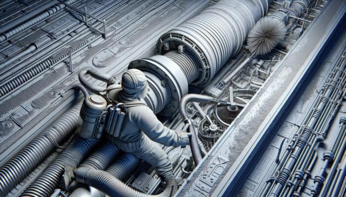 Technician utilizing high-powered vacuum and rotary brush to clean ventilation system, effectively removing dust and debris.