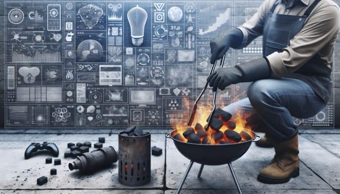 Person using chimney starter outdoors, wearing gloves, and pouring coals into grill with tongs.