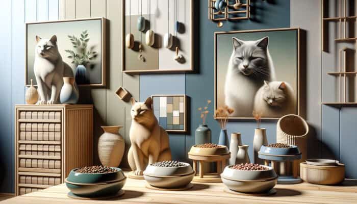 A cozy home featuring multiple distinct cat feeding stations, each equipped with unique bowls to promote peace.