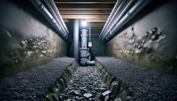 Crawl space featuring a sump pump, French drain, and interior drainage pipes designed for effective water removal.