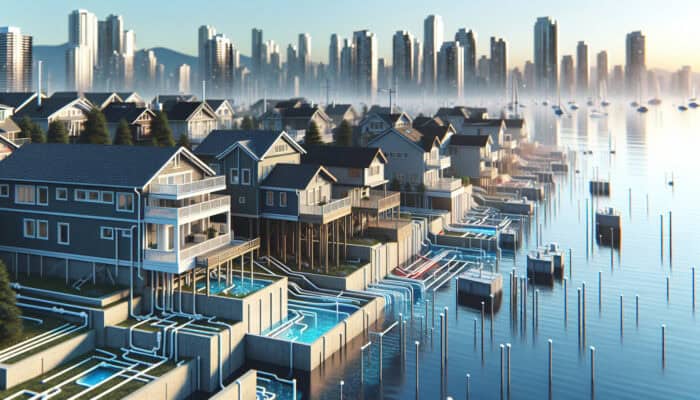 Urban West End neighborhood with elevated homes and integrated drainage systems near English Bay, designed to prevent flooding.
