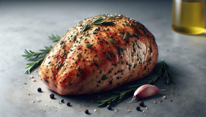 Turkey breast seasoned with rosemary, thyme, garlic, and black pepper, drizzled with olive oil and lemon juice.