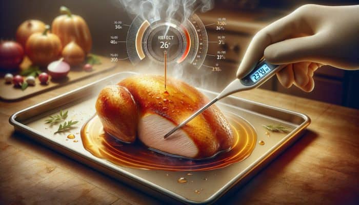 A golden turkey breast being basted, with a thermometer indicating 74°C, in a steamy kitchen.