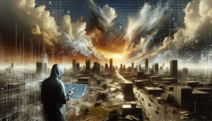 Person navigating post-disaster urban area with map and technology, facing debris and damaged roads under cloudy sky.