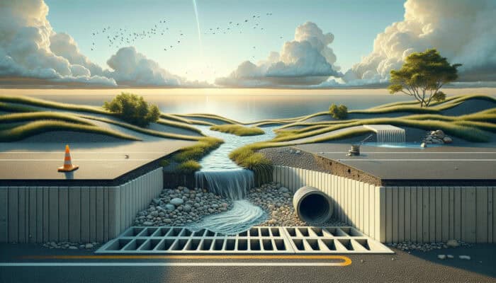 A serene landscape featuring a French drain, surface drain in a parking lot, and a dry well under a cloudy, rainy sky.