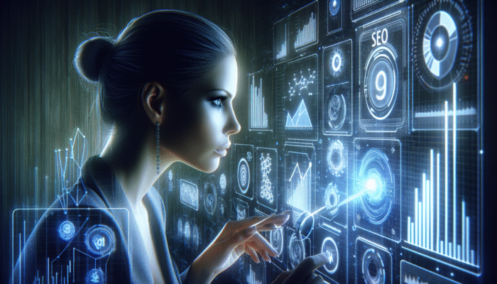 A digital marketing specialist analyzing SEO metrics on a futuristic interface with holographic graphs and keywords, optimizing AEO strategies.