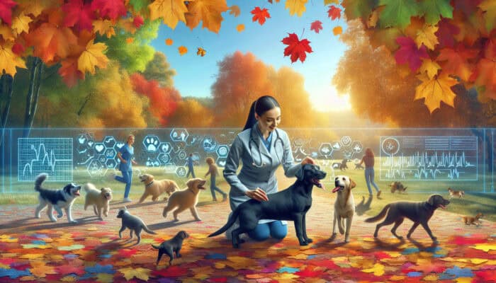 Pets playing in autumn leaves, accompanied by vet check and health icons.