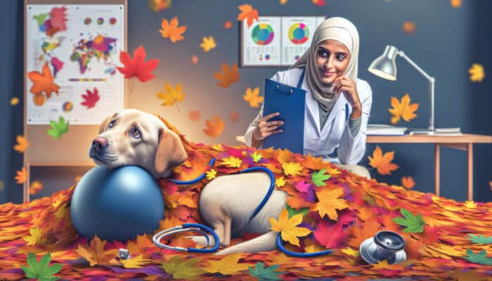 Dog playing in autumn leaves with a veterinarian in the background, highlighting the necessity for regular health check-ups.