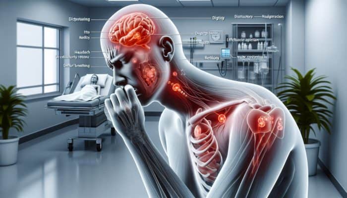 A person in a clinical setting demonstrating potential supplement side effects: digestive discomfort, headache, allergic reaction, increased heart rate, and water retention.