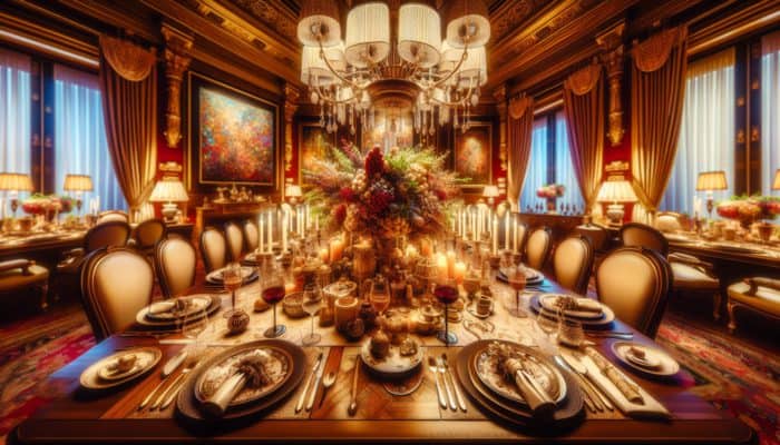 Sophisticated themed dinner table with expertly crafted centerpiece, fine china, and elegant lighting in an opulent dining room.