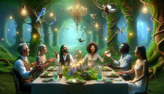 A themed dinner table in an enchanting forest with guests engaging and enjoying the immersive setting.