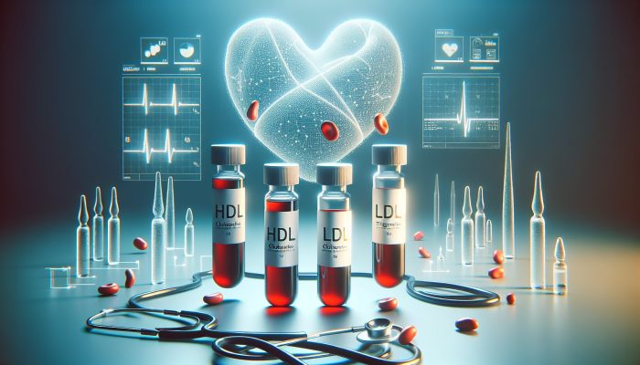 Illustration of cholesterol blood test vials labeled HDL, LDL, triglycerides, with heart symbolizing cardiovascular health.