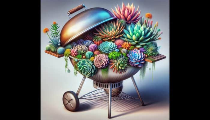 BBQ grill repurposed as a garden planter with thriving succulents under direct sunlight.