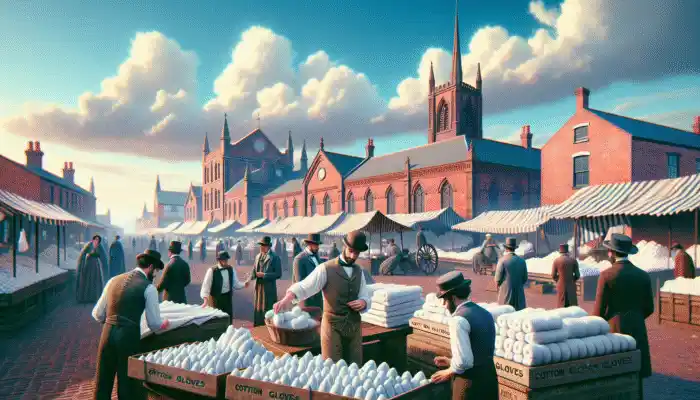 Vibrant market scene in Runcorn with vendors showcasing cotton gloves, experts discussing quality, and buyers examining products.