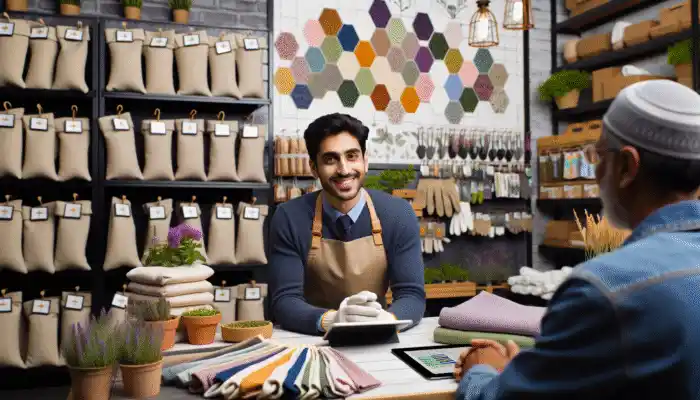 A knowledgeable shopkeeper at a Runcorn garden center advising a customer on the best cotton gloves for gardening.