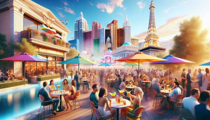 A vibrant day drinking bar at Paris Las Vegas with guests enjoying cocktails outdoors under the sun.