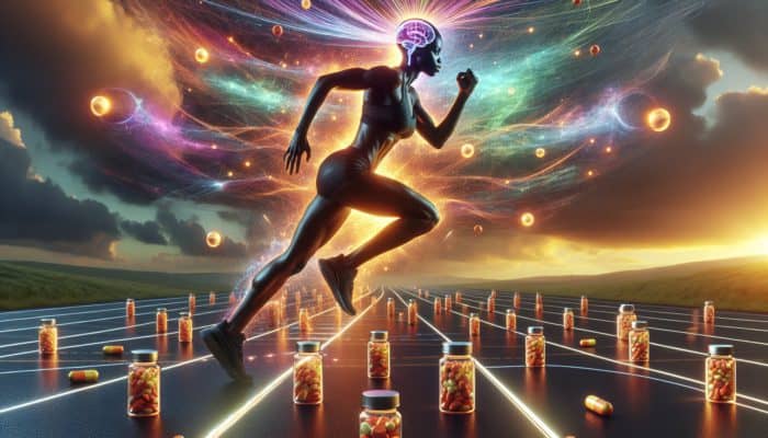 An athlete sprinting down a futuristic track, illuminated by glowing nootropic supplements beneath a dynamic sky.