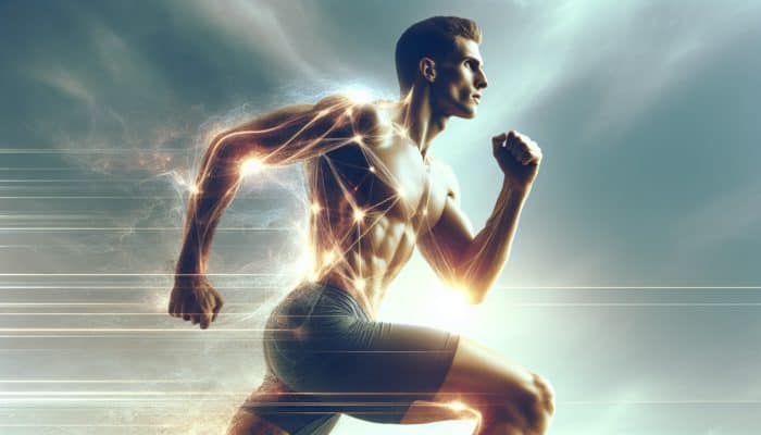 An athlete running on a track, energized and focused, with a radiant glow symbolizing nootropic effects.